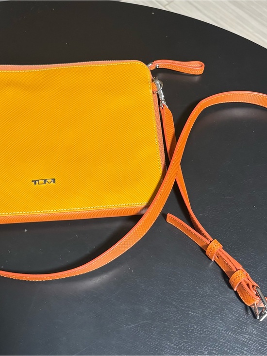 Tumi Handbags - Tumi Yellow w Orange Trim Leather Crossbody with Tan Adjustable Strap